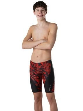 Boys Red and Black Competitive Jammer Swim Shorts with Tie Size: 8-10 (24”-25”)
